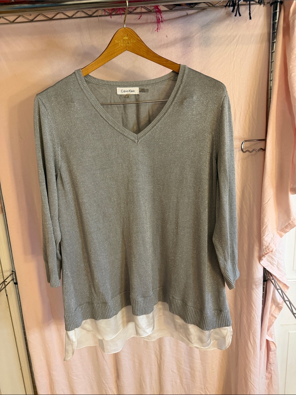 Calvin Klein Shimmery Silver V-Neck Layered Hem Sweater